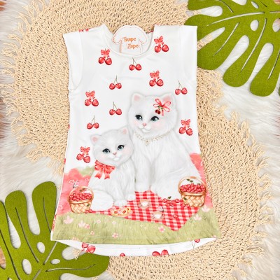 Vestido Manga Curta Gatinhas e Cerejinhas - Off White e Vermelho